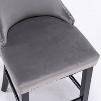 Contemporary Velvet Wing-Back Barstools with Button Tufted Design, Wood Legs & Chrome Nailhead Trim, Set of 2, Gray