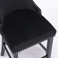 Contemporary Velvet Wingback Barstools Set of 2 - Button Tufted, Wooden Legs, Chrome Nailhead Trim, Leisure Style, Black