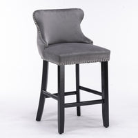 Contemporary Velvet Wing-Back Barstools with Button Tufted Design, Wood Legs & Chrome Nailhead Trim, Set of 2, Gray