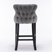 Contemporary Velvet Wing-Back Barstools with Button Tufted Design, Wood Legs & Chrome Nailhead Trim, Set of 2, Gray