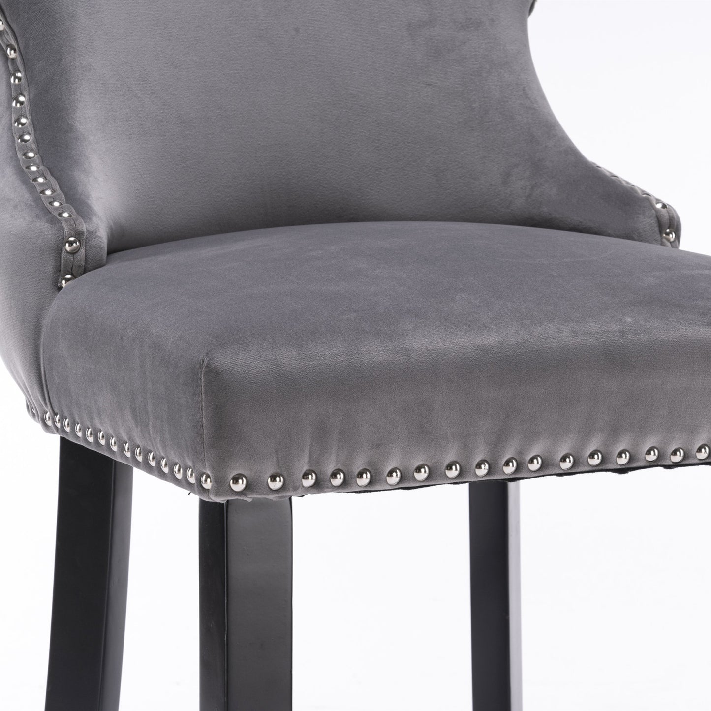 Contemporary Velvet Wing-Back Barstools with Button Tufted Design, Wood Legs & Chrome Nailhead Trim, Set of 2, Gray