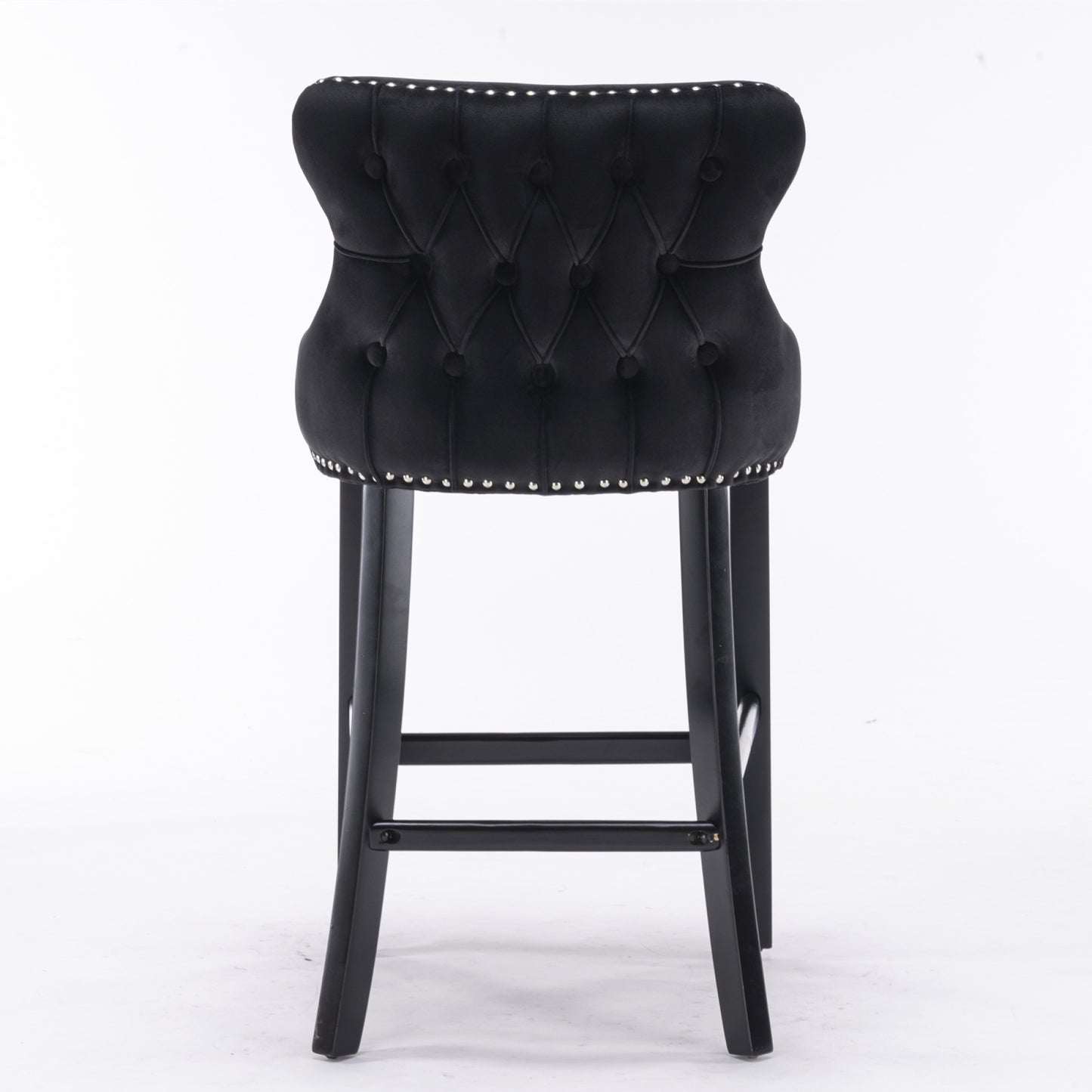 Contemporary Velvet Wingback Barstools Set of 2 - Button Tufted, Wooden Legs, Chrome Nailhead Trim, Leisure Style, Black