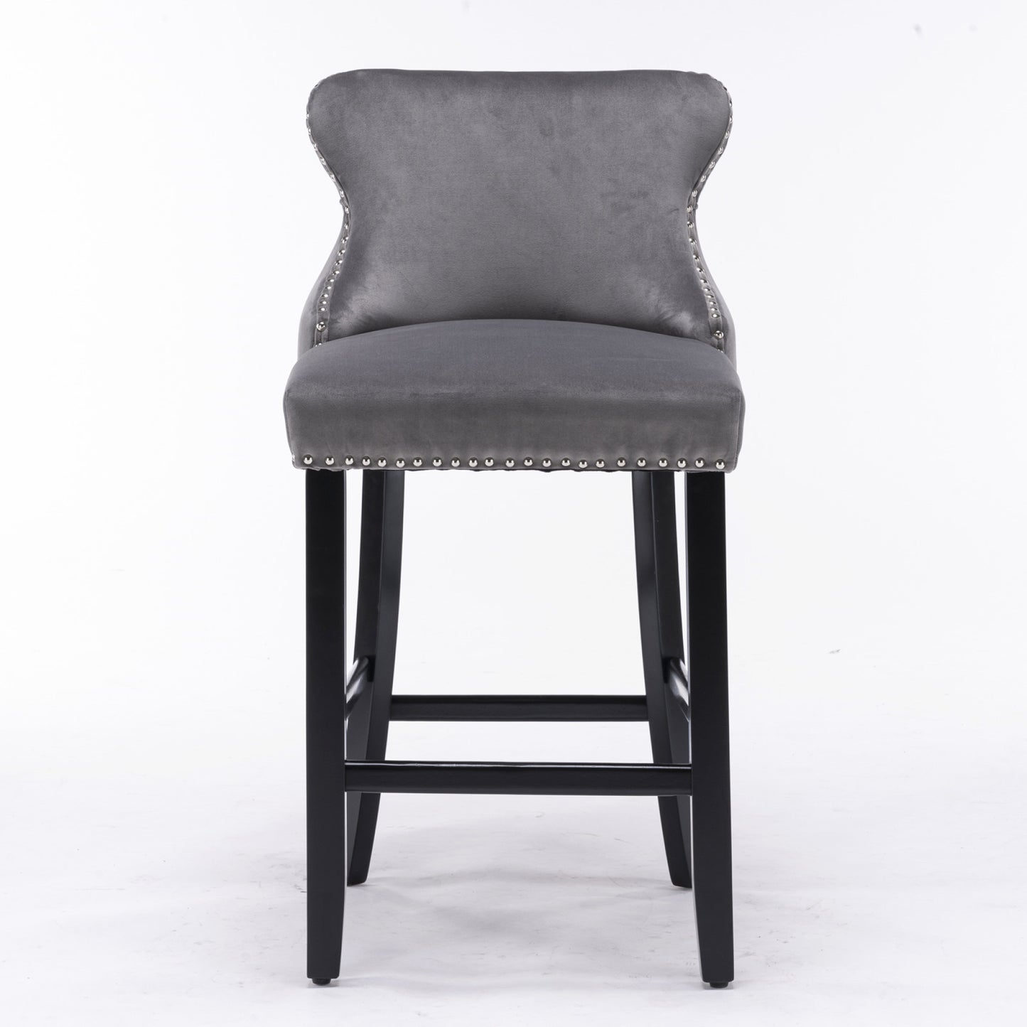 Contemporary Velvet Wing-Back Barstools with Button Tufted Design, Wood Legs & Chrome Nailhead Trim, Set of 2, Gray