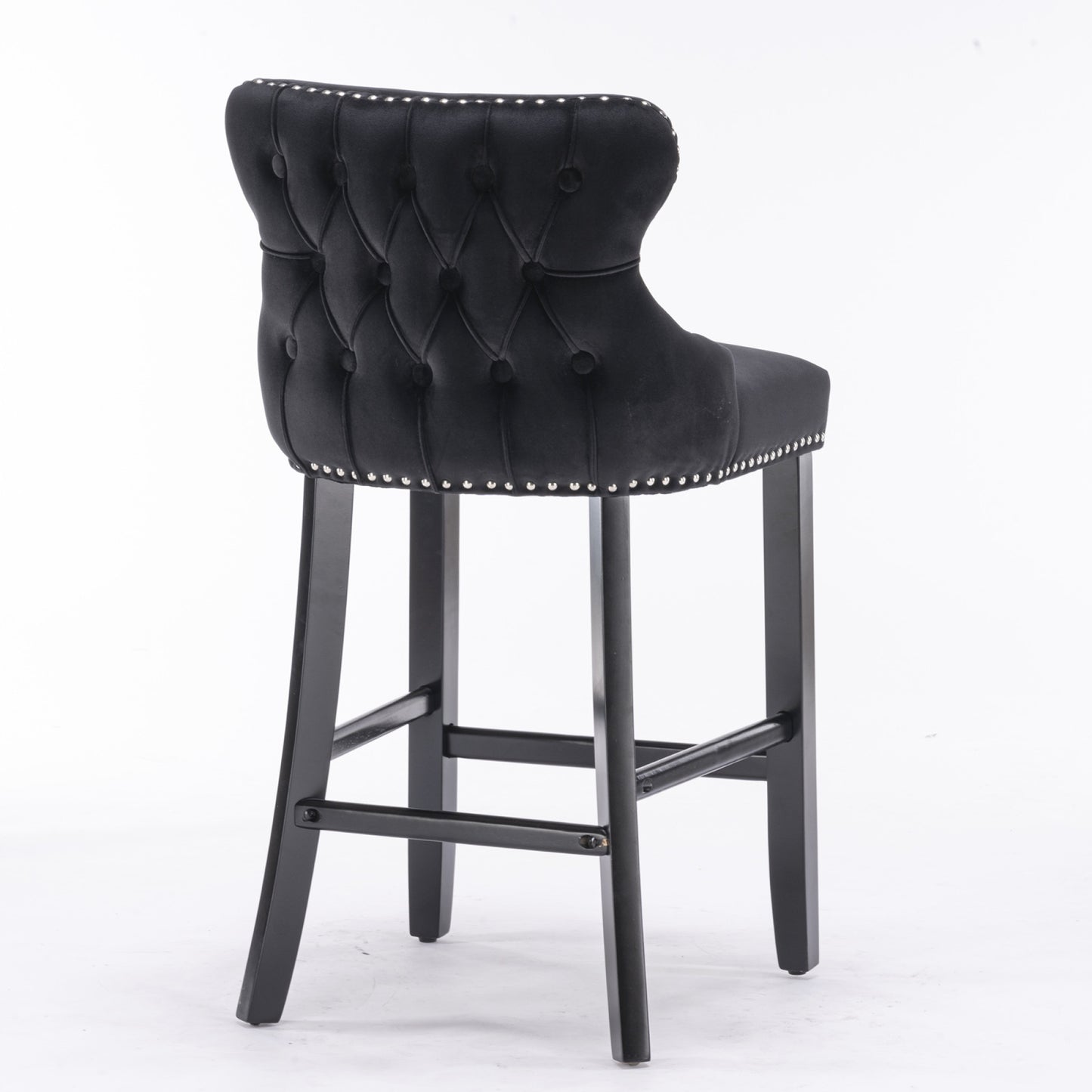 Contemporary Velvet Wingback Barstools Set of 2 - Button Tufted, Wooden Legs, Chrome Nailhead Trim, Leisure Style, Black