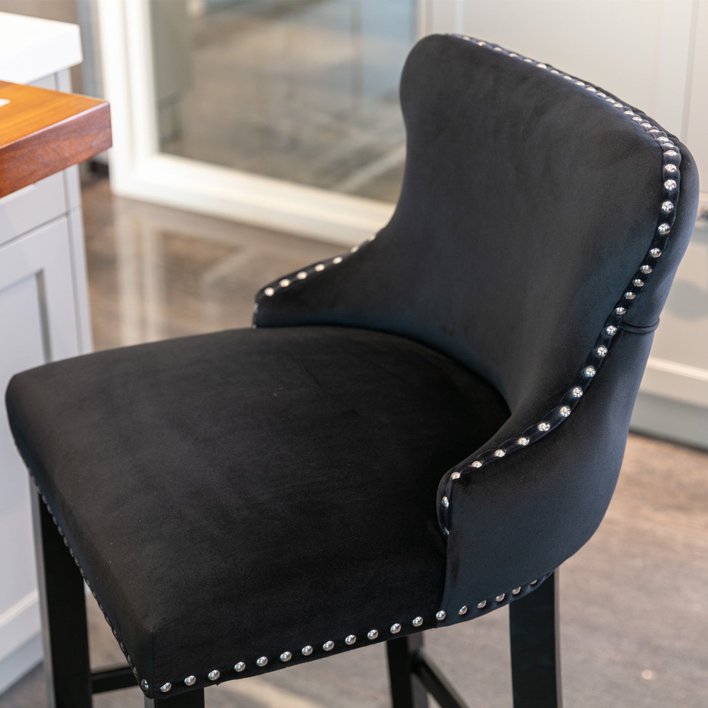 Contemporary Velvet Wingback Barstools Set of 2 - Button Tufted, Wooden Legs, Chrome Nailhead Trim, Leisure Style, Black