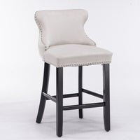 Contemporary Velvet Wing-Back Barstools with Button Tufting, Wooden Legs, Chrome Nailhead Trim, Set of 2, Beige Leisure Style