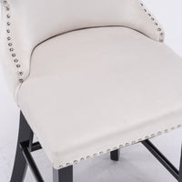 Contemporary Velvet Wing-Back Barstools with Button Tufting, Wooden Legs, Chrome Nailhead Trim, Set of 2, Beige Leisure Style