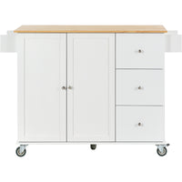 Rolling Mobile Kitchen Island with Solid Wood Top, Locking Wheels, Storage Cabinet, Drop Leaf Breakfast Bar, Spice Rack, White