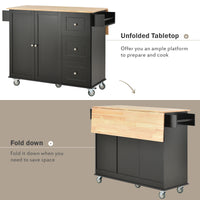 Rolling Mobile Kitchen Island with Solid Wood Top, 52.7 Width, Locking Wheels, Storage Cabinet, Drop Leaf Breakfast Bar, Spice Rack - Black