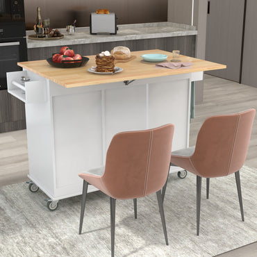 Rolling Mobile Kitchen Island with Solid Wood Top, Locking Wheels, Storage Cabinet, Drop Leaf Breakfast Bar, Spice Rack, White