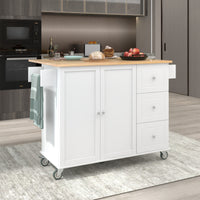 Rolling Mobile Kitchen Island with Solid Wood Top, Locking Wheels, Storage Cabinet, Drop Leaf Breakfast Bar, Spice Rack, White