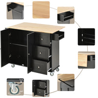 Rolling Mobile Kitchen Island with Solid Wood Top, 52.7 Width, Locking Wheels, Storage Cabinet, Drop Leaf Breakfast Bar, Spice Rack - Black