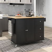 Rolling Mobile Kitchen Island with Solid Wood Top, 52.7 Width, Locking Wheels, Storage Cabinet, Drop Leaf Breakfast Bar, Spice Rack - Black