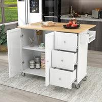 Rolling Mobile Kitchen Island with Solid Wood Top, Locking Wheels, Storage Cabinet, Drop Leaf Breakfast Bar, Spice Rack, White