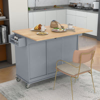 Rolling Mobile Kitchen Island with Solid Wood Top, 52.7 Width, Locking Wheels, Storage Cabinet, Drop Leaf Breakfast Bar - Grey Blue