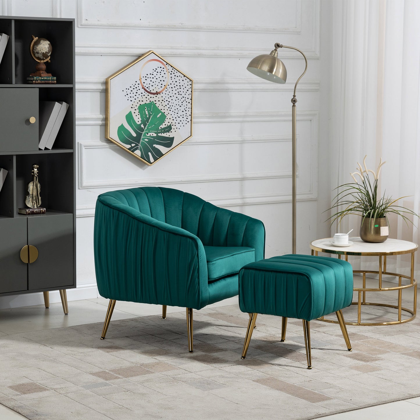 Modern Velvet Accent Chair with Ottoman Set - Tufted Barrel Design for Living Room & Bedroom, Golden Finish, Christmas Green