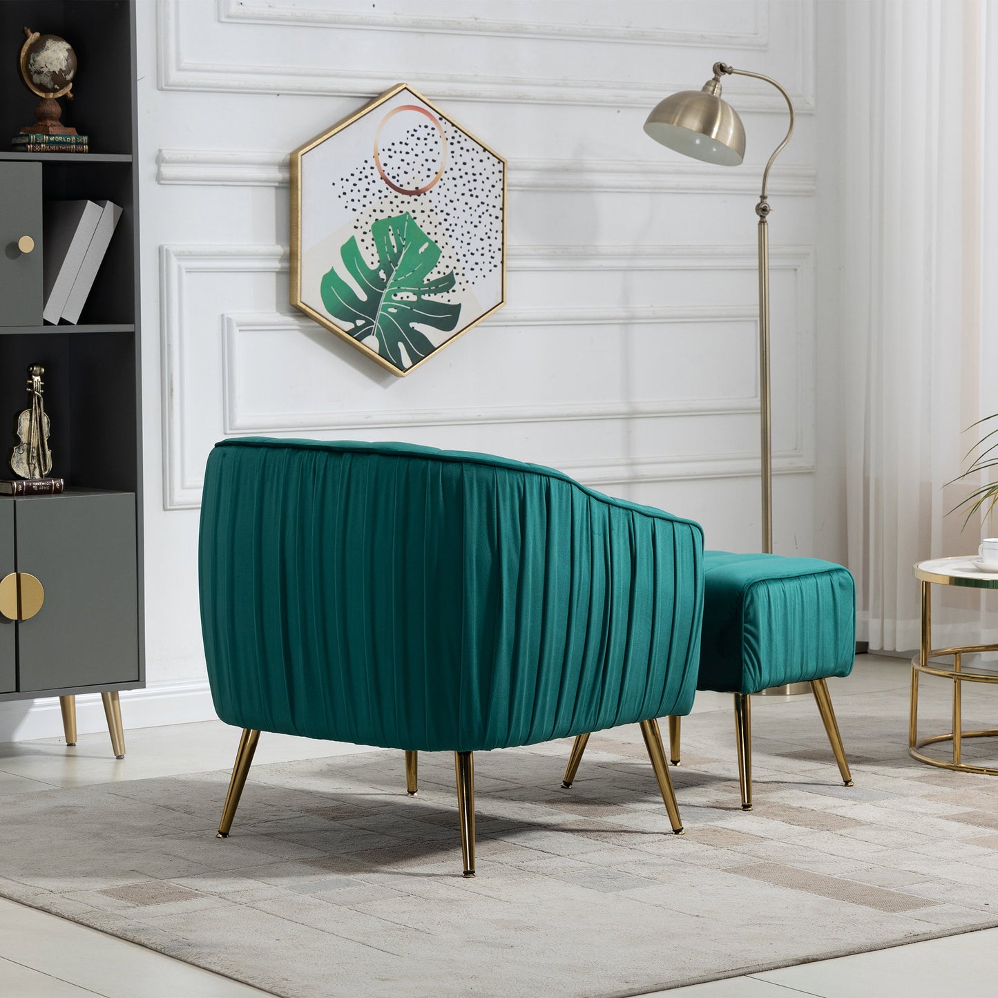 Modern Velvet Accent Chair with Ottoman Set - Tufted Barrel Design for Living Room & Bedroom, Golden Finish, Christmas Green