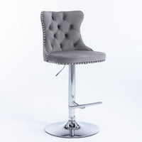 Modern Swivel Velvet Barstools with Adjustable Height 25-33 - Comfortable Tufted Upholstered Chrome Base  (Gray, Set of 2)