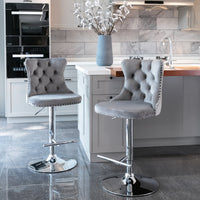 Modern Swivel Velvet Barstools with Adjustable Height 25-33 - Comfortable Tufted Upholstered Chrome Base  (Gray, Set of 2)