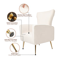 Velvet Accent Chair - Wingback Arm Chair with Gold Legs, Upholstered Single Sofa for Living Room or Bedroom, Stylish White Design