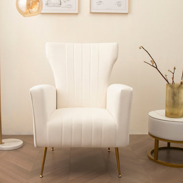 Velvet Accent Chair - Wingback Arm Chair with Gold Legs, Upholstered Single Sofa for Living Room or Bedroom, Stylish White Design