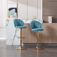 Set of 2 Swivel Bar Stools, Height Adjustable with Chrome Footrest and Base, Velvet Seat with Gold Legs - Baby Blue