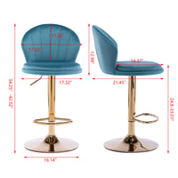 Set of 2 Swivel Bar Stools, Height Adjustable with Chrome Footrest and Base, Velvet Seat with Gold Legs - Baby Blue