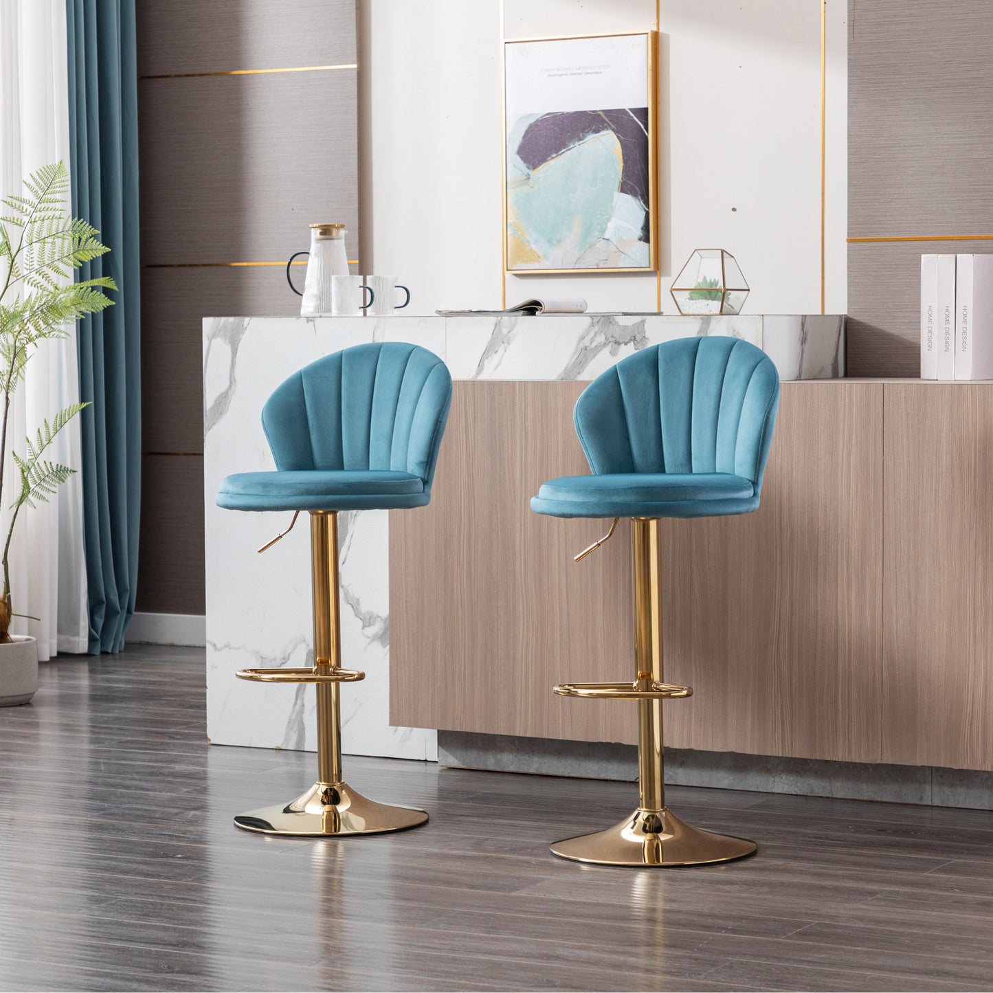 Set of 2 Swivel Bar Stools, Height Adjustable with Chrome Footrest and Base, Velvet Seat with Gold Legs - Baby Blue