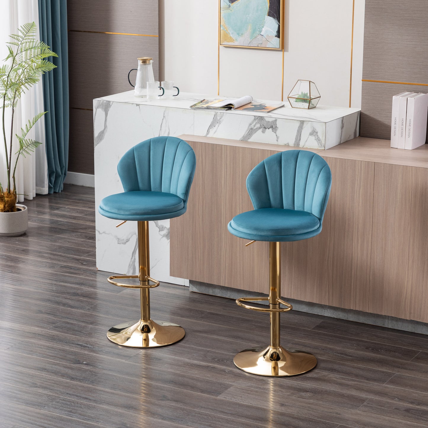 Set of 2 Swivel Bar Stools, Height Adjustable with Chrome Footrest and Base, Velvet Seat with Gold Legs - Baby Blue