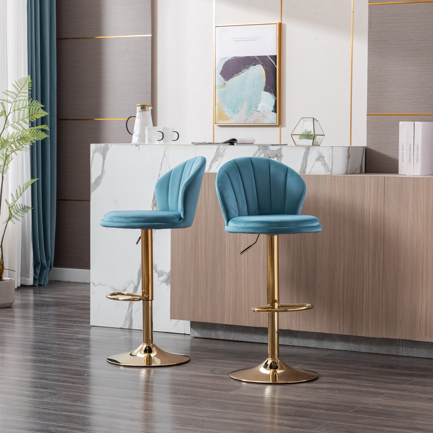 Set of 2 Swivel Bar Stools, Height Adjustable with Chrome Footrest and Base, Velvet Seat with Gold Legs - Baby Blue