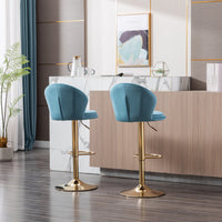 Set of 2 Swivel Bar Stools, Height Adjustable with Chrome Footrest and Base, Velvet Seat with Gold Legs - Baby Blue