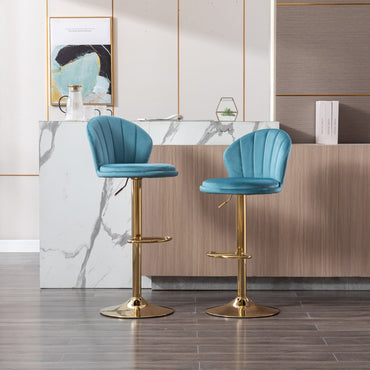 Set of 2 Swivel Bar Stools, Height Adjustable with Chrome Footrest and Base, Velvet Seat with Gold Legs - Baby Blue