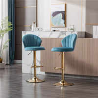 Set of 2 Swivel Bar Stools, Height Adjustable with Chrome Footrest and Base, Velvet Seat with Gold Legs - Baby Blue