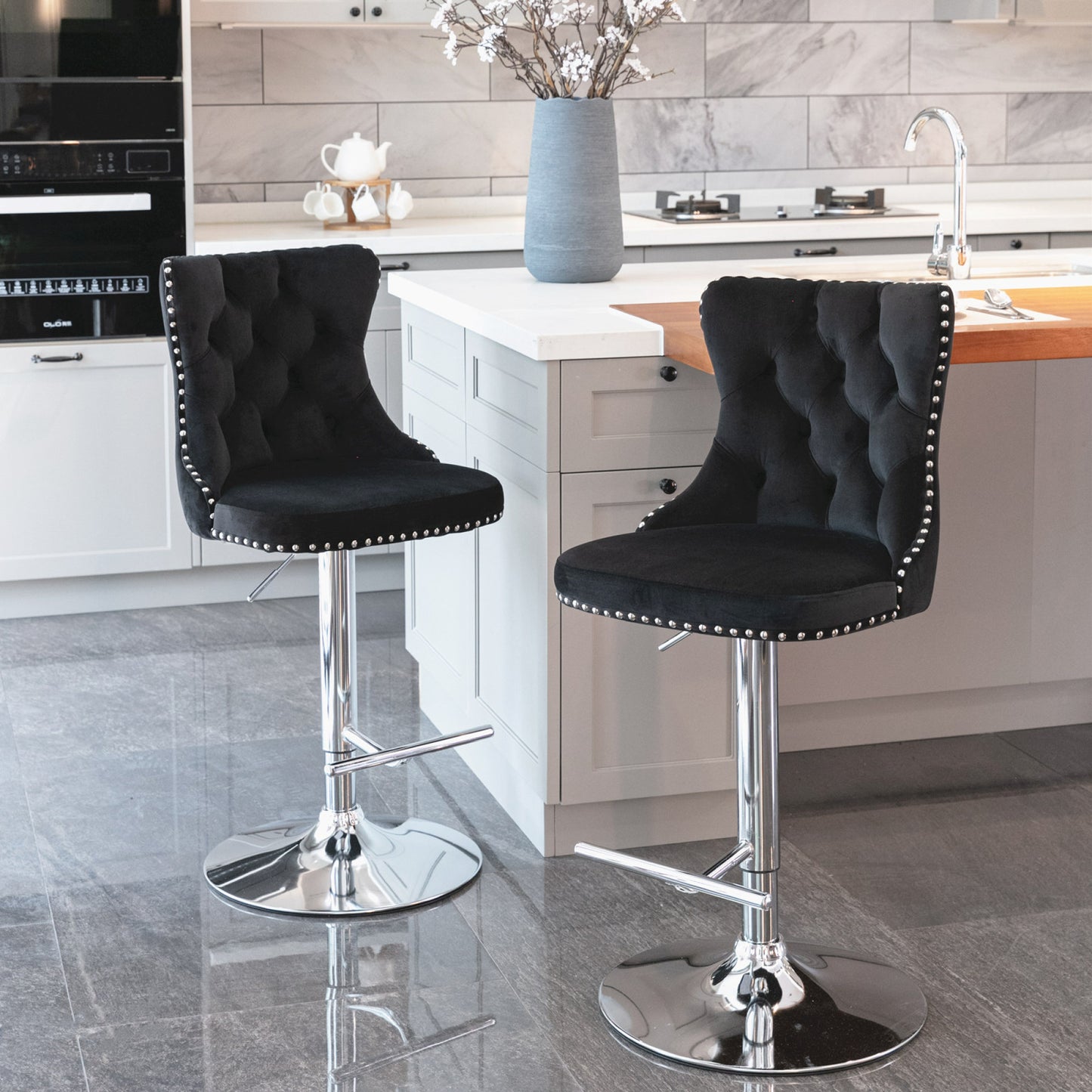 Set of 2 Modern Swivel Velvet Bar Stools, Adjustable Seat Height 25-33 Inch, Comfortable Tufted Upholstery with Chrome Base (Black)