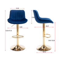 Height Adjustable Velvet Bar Stool Set of 2 with Chrome Footrest & Golden Legs, Swivel Design, Navy