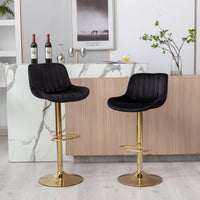 Set of 2 Adjustable Velvet Bar Stools with Chrome Footrest & Golden Legs, Swivel Design, Modern Black