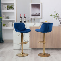 Height Adjustable Velvet Bar Stool Set of 2 with Chrome Footrest & Golden Legs, Swivel Design, Navy