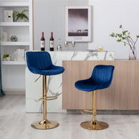 Height Adjustable Velvet Bar Stool Set of 2 with Chrome Footrest & Golden Legs, Swivel Design, Navy