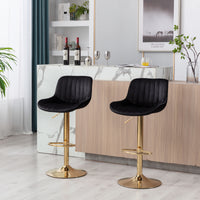Set of 2 Adjustable Velvet Bar Stools with Chrome Footrest & Golden Legs, Swivel Design, Modern Black