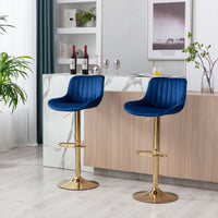 Height Adjustable Velvet Bar Stool Set of 2 with Chrome Footrest & Golden Legs, Swivel Design, Navy