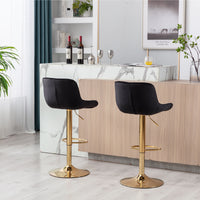 Set of 2 Adjustable Velvet Bar Stools with Chrome Footrest & Golden Legs, Swivel Design, Modern Black