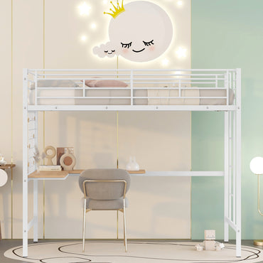 Twin Metal Loft Bed with Desk and Metal Grid - Space-Saving White Bedroom Furniture for Kids and Teens