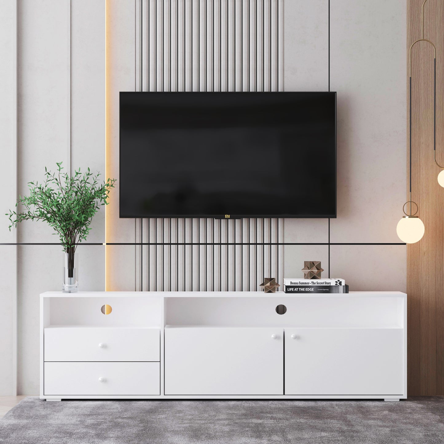 White TV Cabinet, Entertainment Center & Media Console with Solid Wood Handles for Living Room and Bedroom