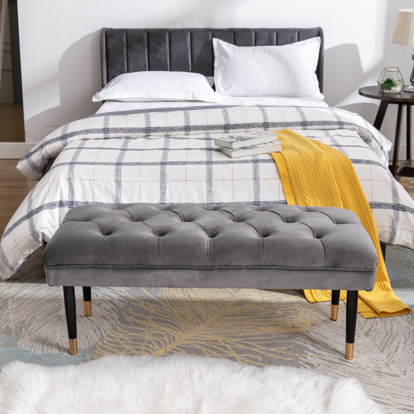 Modern Velvet Tufted Bench - Upholstered Ottoman Footstool with Metal Legs for Bedroom, Living Room, and Entryway - Grey