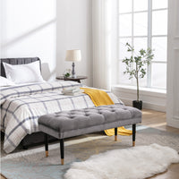 Modern Velvet Tufted Bench - Upholstered Ottoman Footstool with Metal Legs for Bedroom, Living Room, and Entryway - Grey