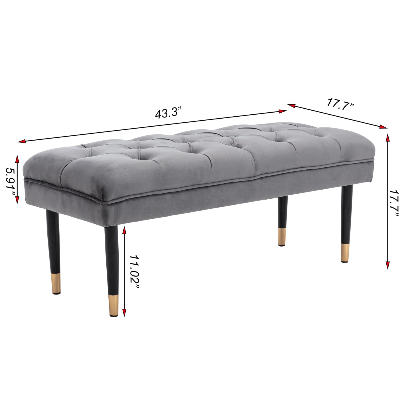 Modern Velvet Tufted Bench - Upholstered Ottoman Footstool with Metal Legs for Bedroom, Living Room, and Entryway - Grey