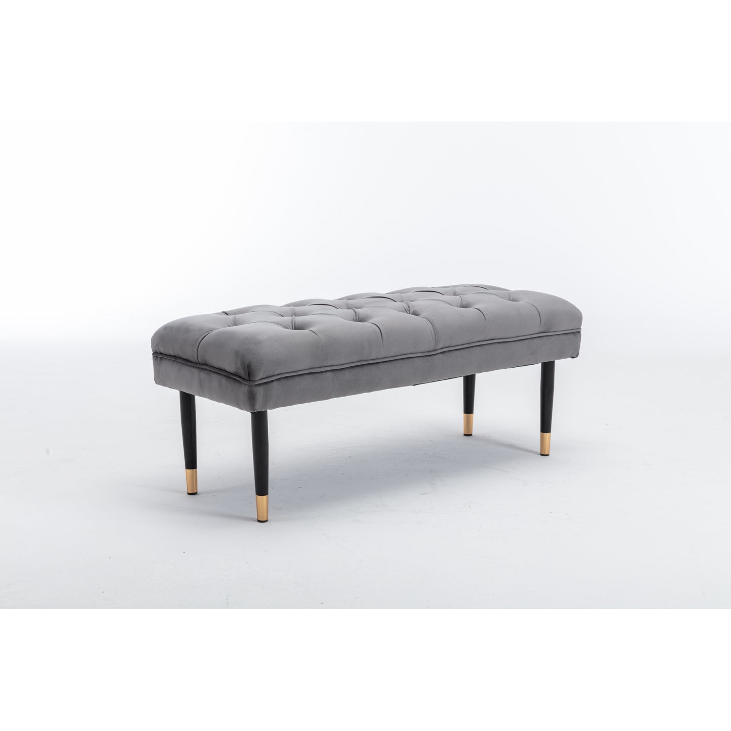 Modern Velvet Tufted Bench - Upholstered Ottoman Footstool with Metal Legs for Bedroom, Living Room, and Entryway - Grey