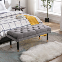 Modern Velvet Tufted Bench - Upholstered Ottoman Footstool with Metal Legs for Bedroom, Living Room, and Entryway - Grey