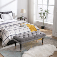 Modern Velvet Tufted Bench - Upholstered Ottoman Footstool with Metal Legs for Bedroom, Living Room, and Entryway - Grey