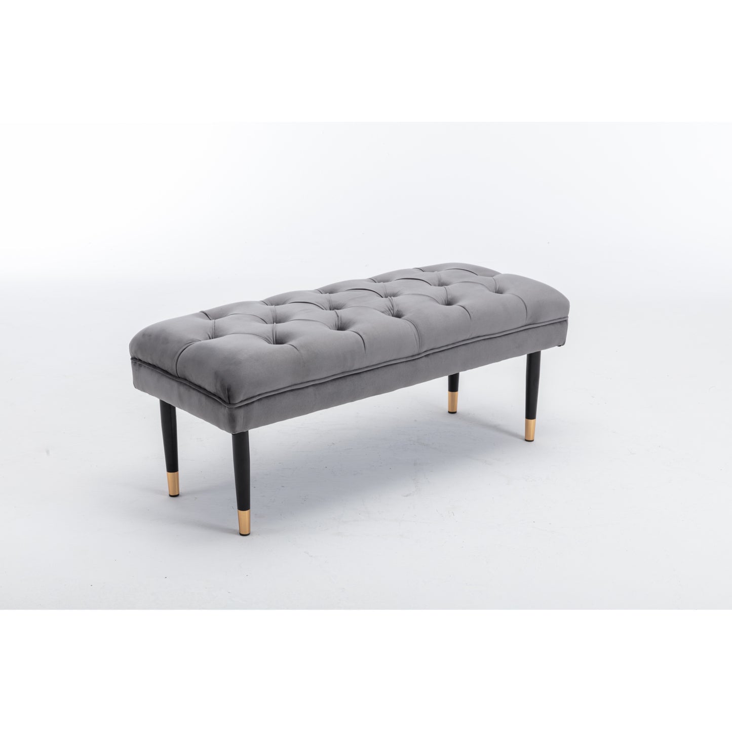 Modern Velvet Tufted Bench - Upholstered Ottoman Footstool with Metal Legs for Bedroom, Living Room, and Entryway - Grey